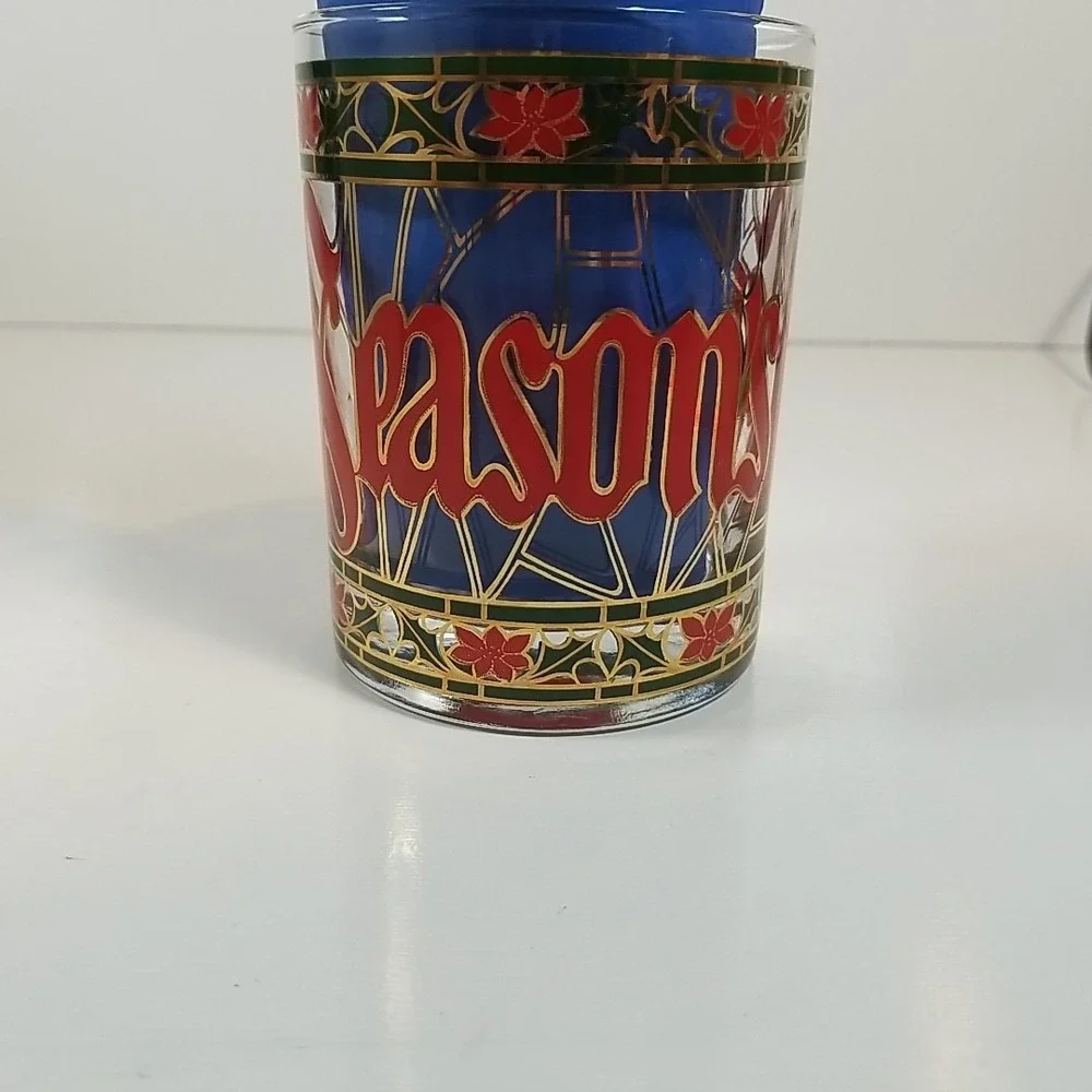 Houze 'Seasons Greetings' Glass Drink Tumbler Red & Green Gold Rim Vintage